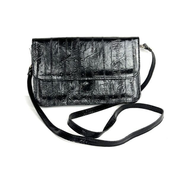 Vintage Real Eel Skin Black Clutch / Crossbody Bag with built-in Mirror - Picture 1 of 12